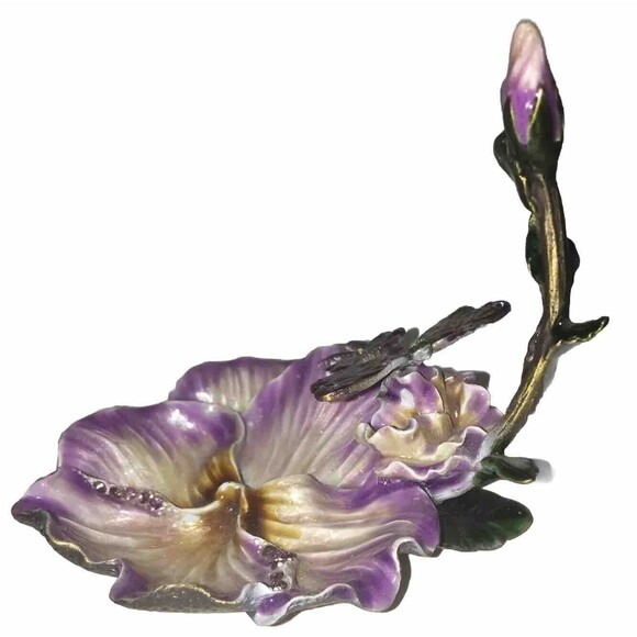 Dragonfly & Flower Ringholder Tray Trinket Enamel Over Heavy Metal With Crystals - Picture 4 of 8